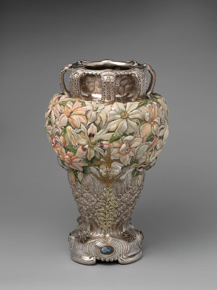 The Magnolia Vase, Manufactured by Tiffany &amp; Co. (1837–present), Silver, gold, enamel, and opals, American 