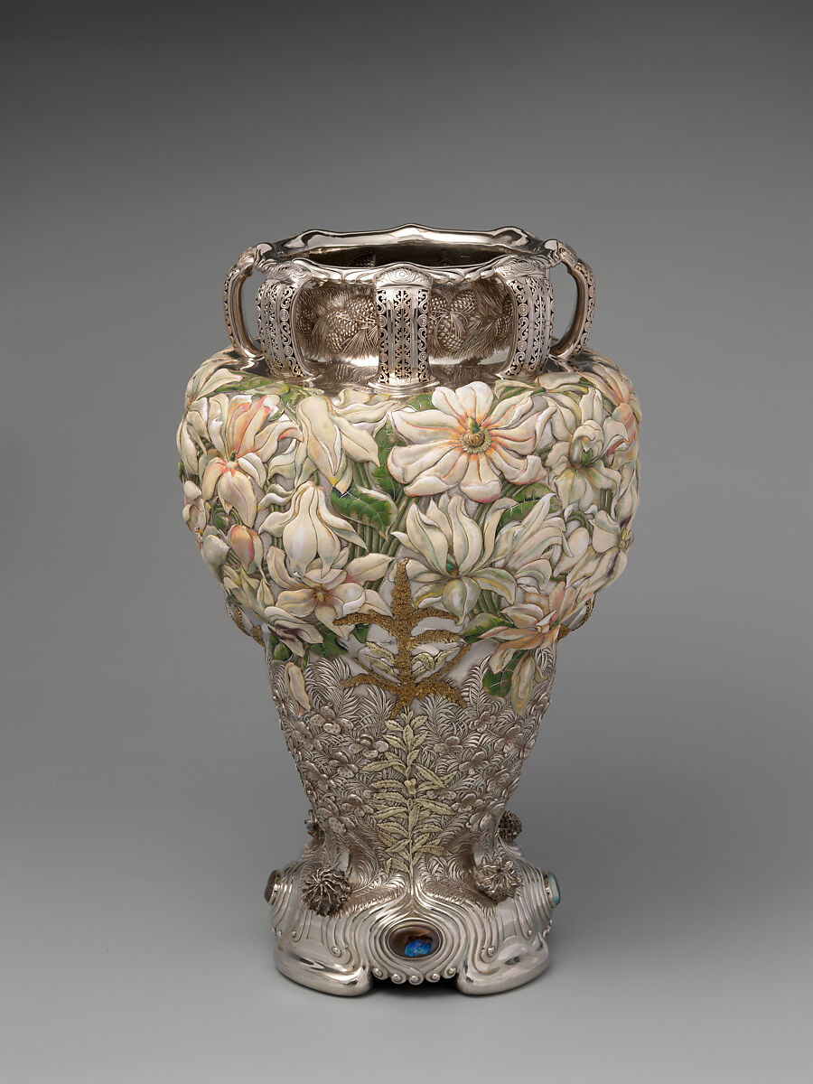 The Magnolia Vase, Tiffany &amp; Co. (1837–present), Silver, enamel, gold, and opals, American