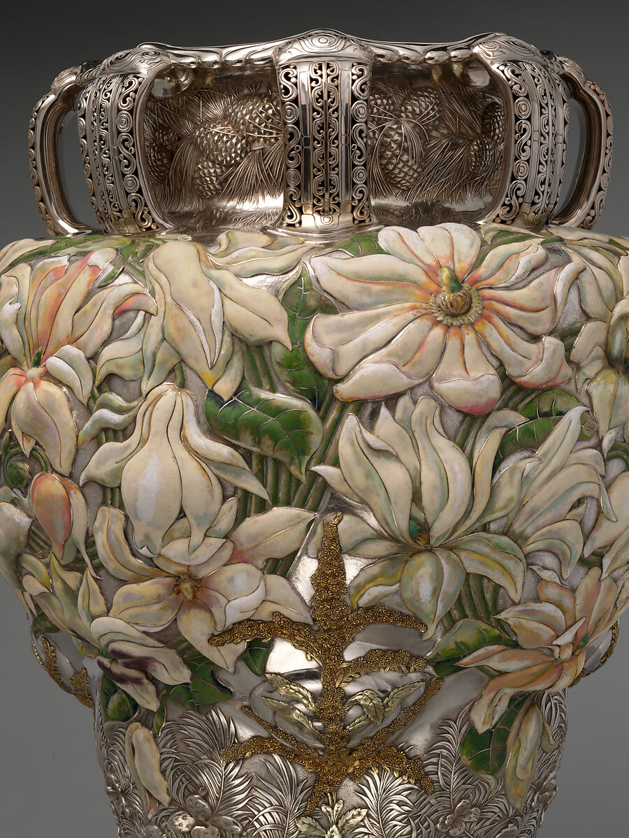 The Magnolia Vase, Tiffany &amp; Co. (1837–present), Silver, enamel, gold, and opals, American