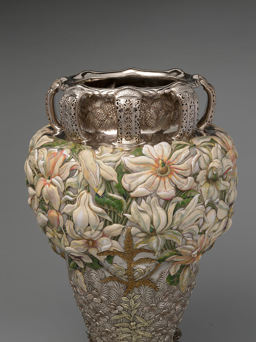The Magnolia Vase, Tiffany &amp; Co. (1837–present), Silver, enamel, gold, and opals, American