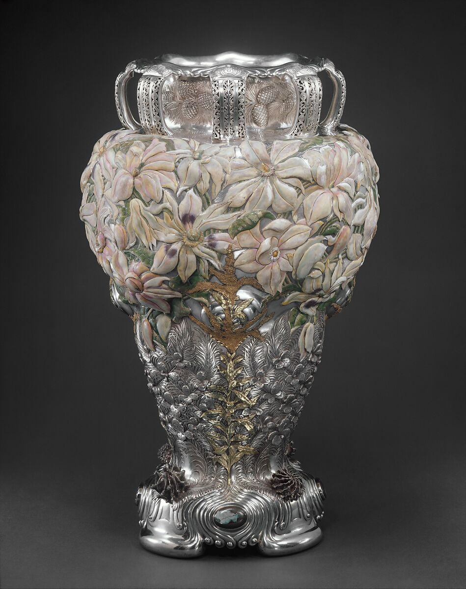The Magnolia Vase, Manufactured by Tiffany &amp; Co. (1837–present), Silver, gold, enamel, and opals, American 