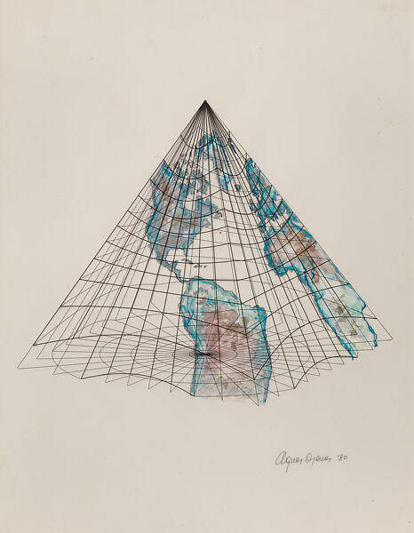 Isometric Systems in Isotropic Space-Map Projections: The Pyramid, Agnes Denes (American, born Budapest, 1931), Pen and black ink, watercolor and metallic paint on mylar and paper 