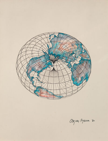 Isometric Systems in Isotropic Space-Map Projections: The Doughnut (tangent torus), Agnes Denes  American, born Hungary, Pen and black ink, watercolor and metallic paint on mylar and paper