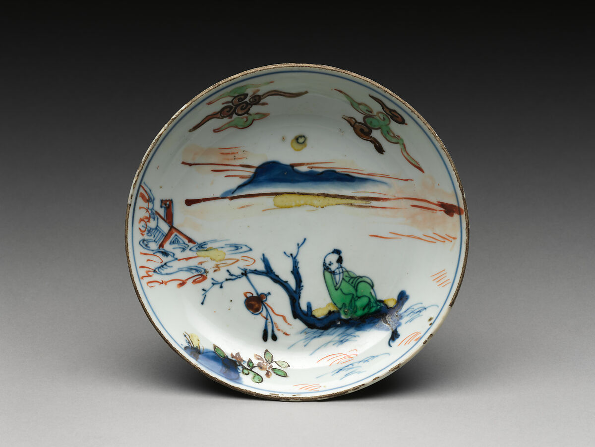 Dish with an immortal on raft, Porcelain painted in underglaze blue and overglaze polychrome enamels (Jingdezhen ware), China 