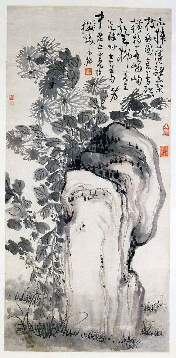 Chrysanthemums by a rock, Gao Fenghan (Chinese, 1683–1748), Hanging scroll; ink and color on paper, China 