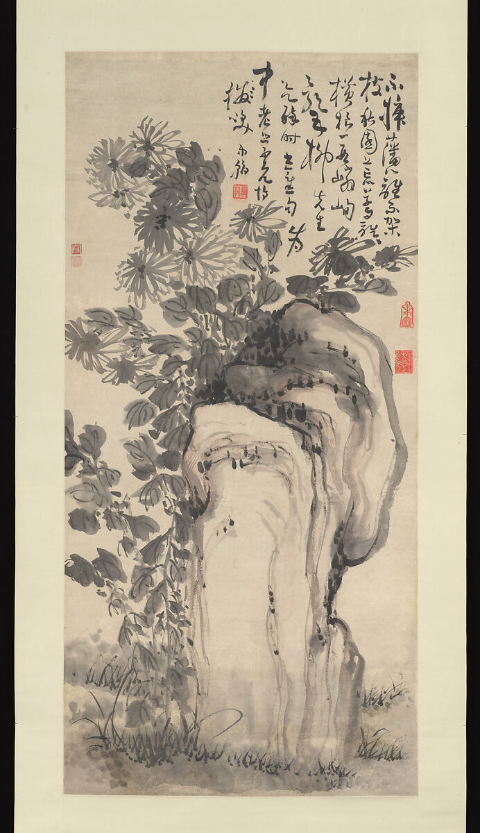 Chrysanthemums by a rock, Gao Fenghan  Chinese, Hanging scroll; ink and color on paper, China