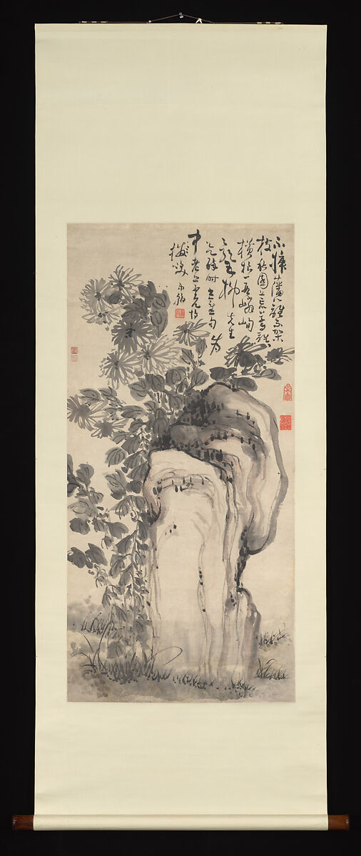Chrysanthemums by a rock, Gao Fenghan (Chinese, 1683–1748), Hanging scroll; ink and color on paper, China