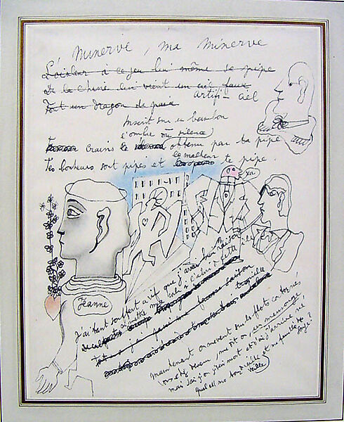 Minerve, Ma Minerve (illustrated poem), Jean Cocteau (French, Maisons-Laffitte 1889–1963 Milly-la-Forêt), Black and brown ink, pastel, and charcoal on paper 