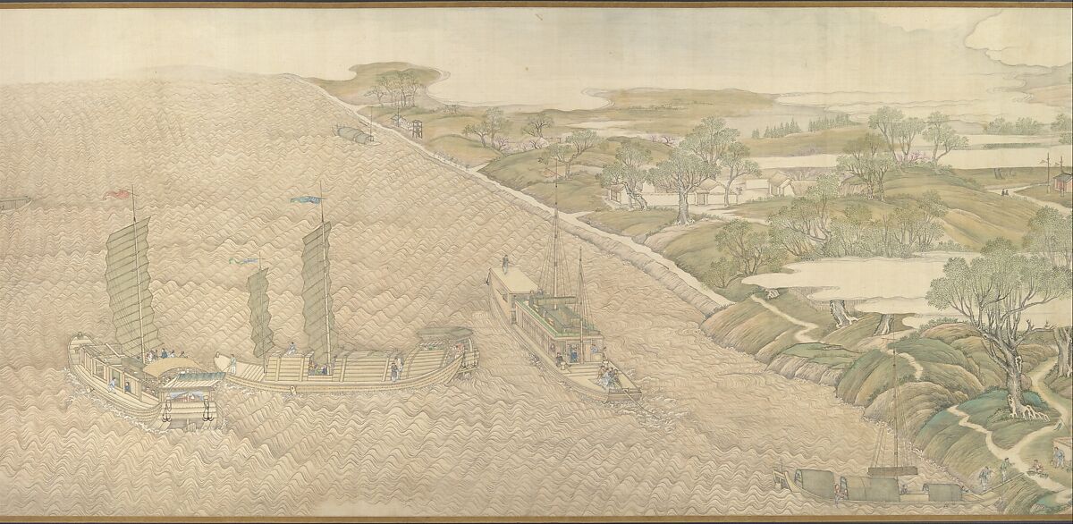 The Qianlong Emperor's Southern Inspection Tour, Scroll Four: The Confluence of the Huai and Yellow Rivers, Xu Yang (Chinese, active ca. 1750–after 1776) and workshop, Handscroll; ink and color on silk, lacquer box, China