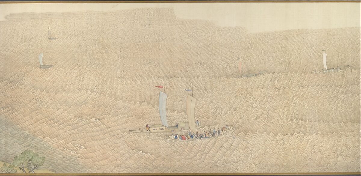 The Qianlong Emperor's Southern Inspection Tour, Scroll Four: The Confluence of the Huai and Yellow Rivers, Xu Yang (Chinese, active ca. 1750–after 1776) and workshop, Handscroll; ink and color on silk, lacquer box, China