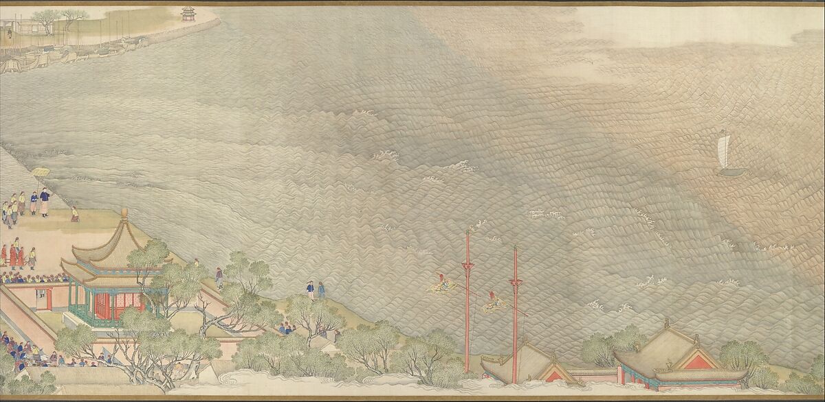 The Qianlong Emperor's Southern Inspection Tour, Scroll Four: The Confluence of the Huai and Yellow Rivers, Xu Yang (Chinese, active ca. 1750–after 1776) and workshop, Handscroll; ink and color on silk, lacquer box, China