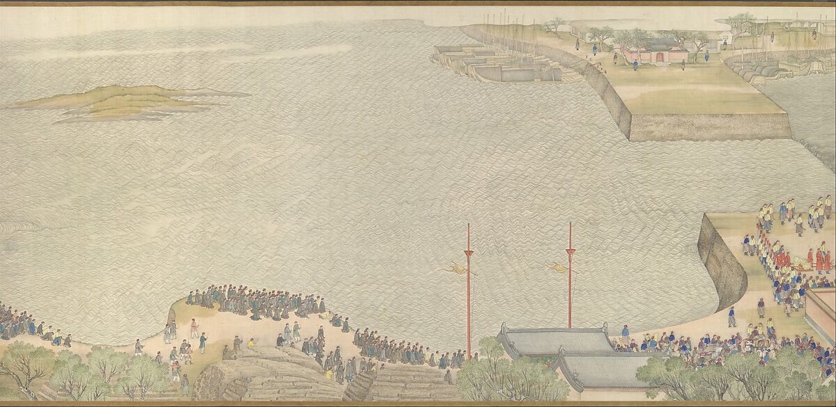 The Qianlong Emperor's Southern Inspection Tour, Scroll Four: The Confluence of the Huai and Yellow Rivers, Xu Yang (Chinese, active ca. 1750–after 1776) and workshop, Handscroll; ink and color on silk, lacquer box, China