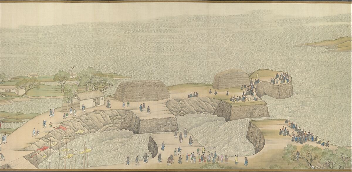 The Qianlong Emperor's Southern Inspection Tour, Scroll Four: The Confluence of the Huai and Yellow Rivers, Xu Yang (Chinese, active ca. 1750–after 1776) and workshop, Handscroll; ink and color on silk, lacquer box, China