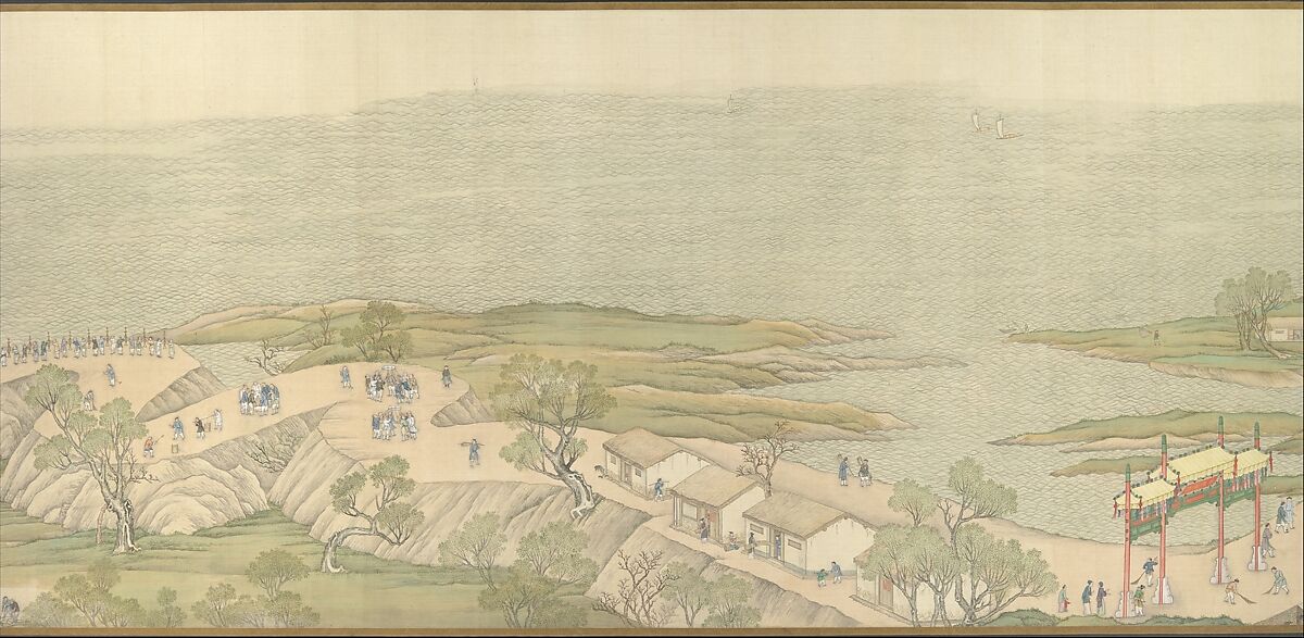 The Qianlong Emperor's Southern Inspection Tour, Scroll Four: The Confluence of the Huai and Yellow Rivers, Xu Yang (Chinese, active ca. 1750–after 1776) and workshop, Handscroll; ink and color on silk, lacquer box, China