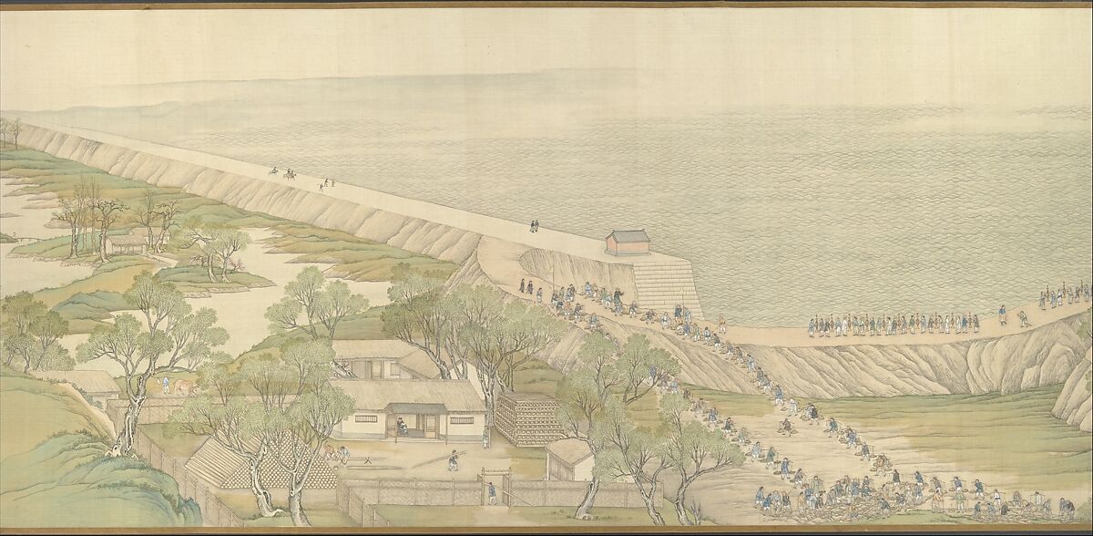 The Qianlong Emperor's Southern Inspection Tour, Scroll Four: The Confluence of the Huai and Yellow Rivers, Xu Yang (Chinese, active ca. 1750–after 1776) and workshop, Handscroll; ink and color on silk, lacquer box, China
