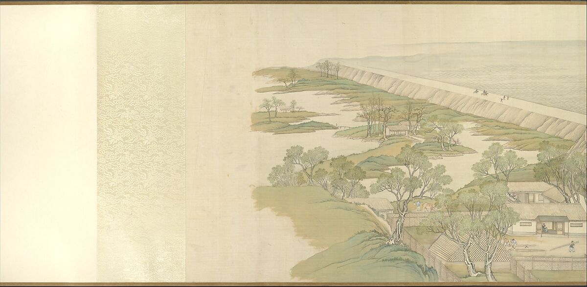 The Qianlong Emperor's Southern Inspection Tour, Scroll Four: The Confluence of the Huai and Yellow Rivers, Xu Yang (Chinese, active ca. 1750–after 1776) and workshop, Handscroll; ink and color on silk, lacquer box, China