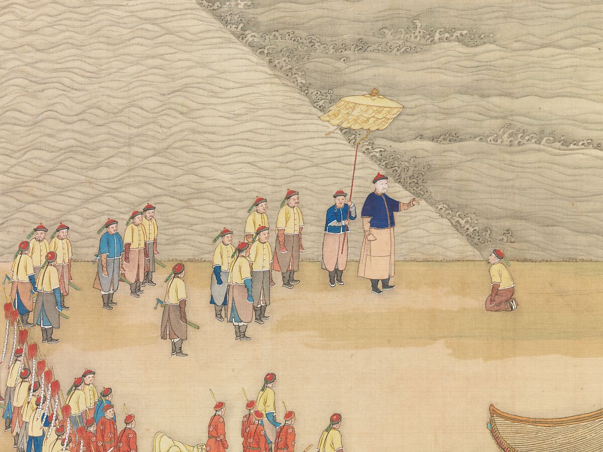 The Qianlong Emperor's Southern Inspection Tour, Scroll Four: The Confluence of the Huai and Yellow Rivers, Xu Yang (Chinese, active ca. 1750–after 1776) and workshop, Handscroll; ink and color on silk, lacquer box, China