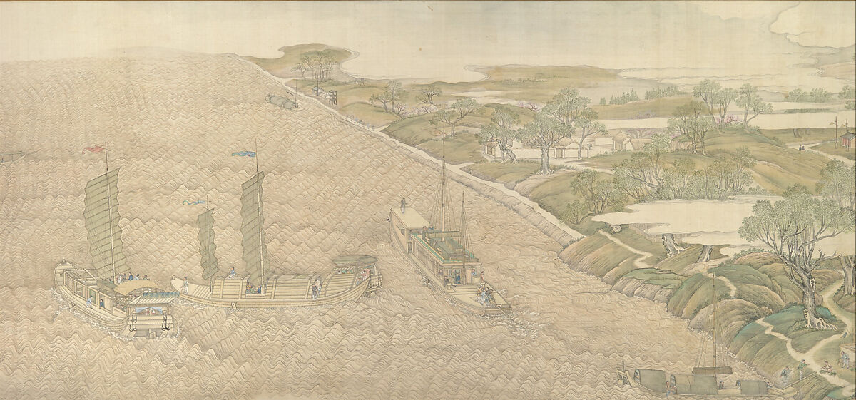 The Qianlong Emperor's Southern Inspection Tour, Scroll Four: The Confluence of the Huai and Yellow Rivers (Qianlong nanxun, juan si: Huang Huai jiaoliu), Xu Yang and assistants Chinese, Handscroll; ink and color on silk, lacquer box, China