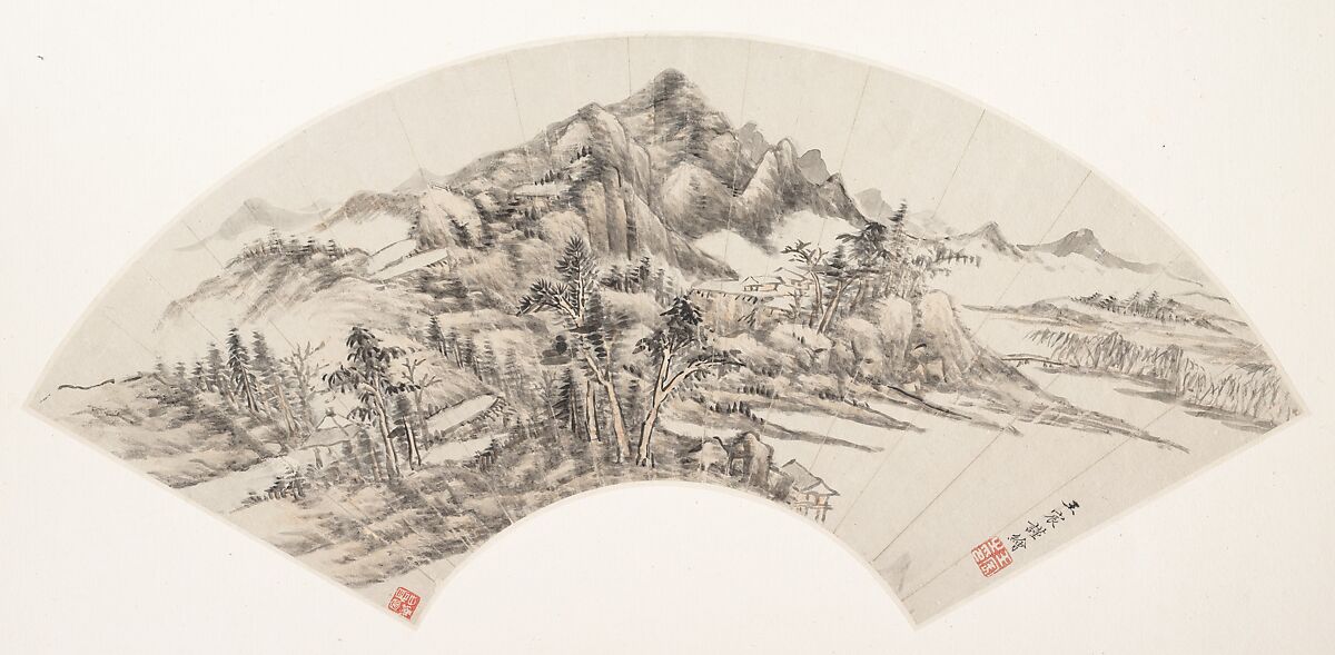 Landscape, Wang Chen  Chinese, Folding fan mounted as an album leaf; ink and color on paper, China