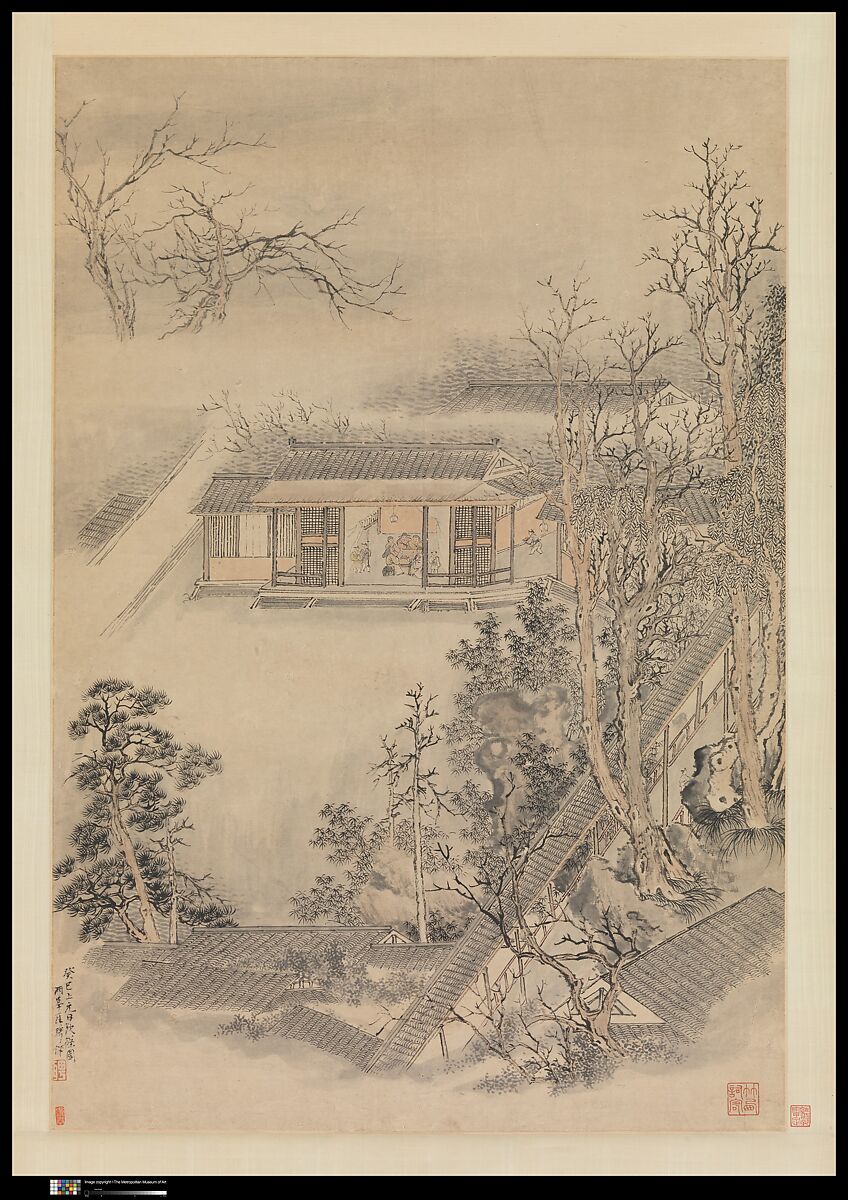 Drinking in the Bamboo Garden on the Lantern Festival, Luo Ping (Chinese, 1733–1799), Hanging scroll; ink and color on paper, China 