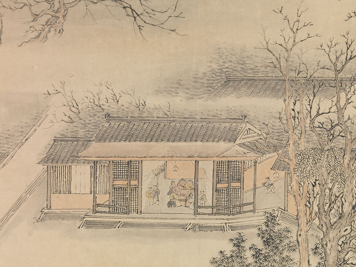 Drinking in the Bamboo Garden on the Lantern Festival, Luo Ping (Chinese, 1733–1799), Hanging scroll; ink and color on paper, China