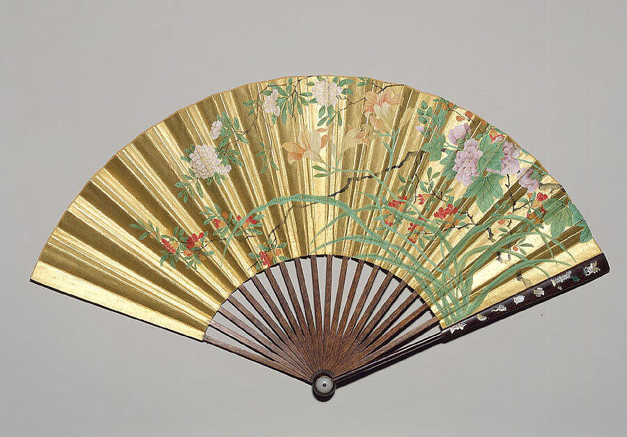 Summer Flowers, Unidentified artist Chinese, 18th century, Folding fan; ink and color on gold paper with bamboo frame inlaid with mother-of-pearl, ivory and jade, China