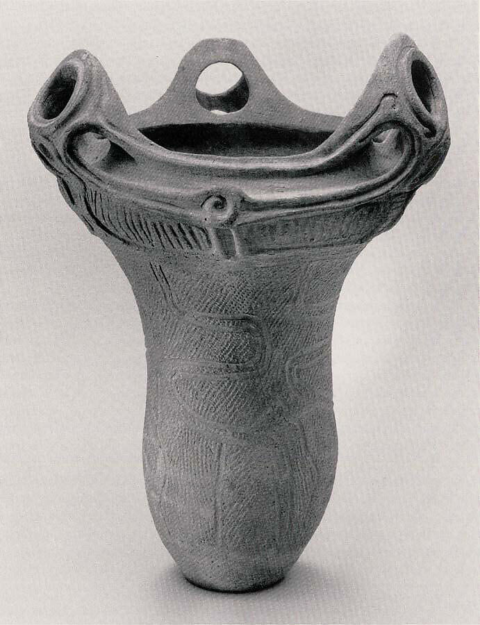 Deep Vessel with Handles

, Earthenware with cord-marked and sculpted decoration (Otamadai type), Japan