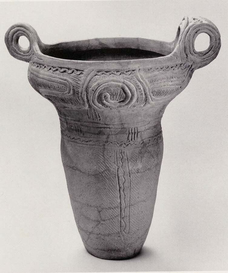 Deep Vessel with Handles, Earthenware with cord-marked and incised decoration, Japan 