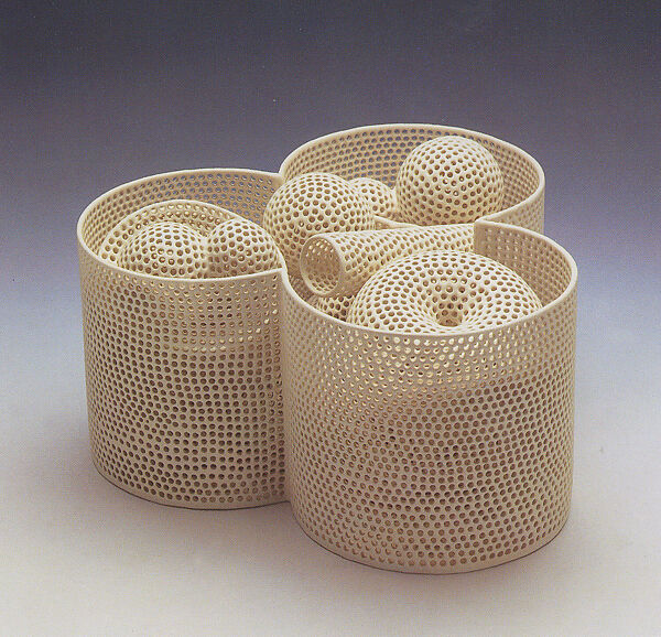 Tri-Lobed Vessel and Contents (Perforated Vessel Series), Tony Marsh (American, born New York, 1954), Glazed earthenware 