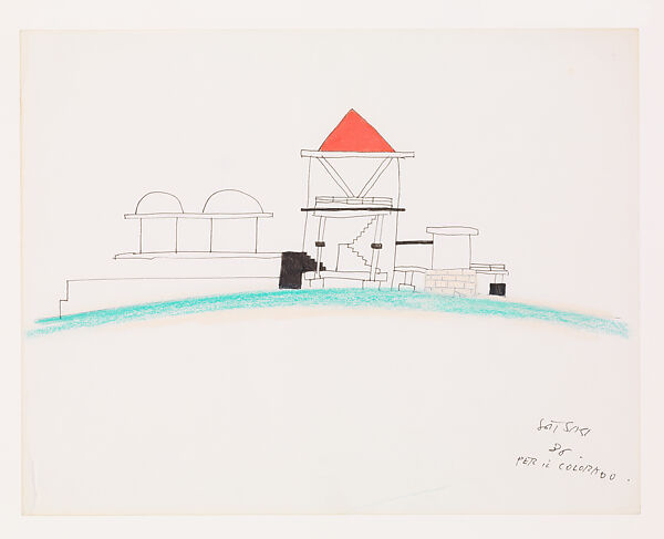 Preliminary Sketch, January-February, 1986: Elevation, Daniel Wolf Residence, Ridgway, Colorado, Ettore Sottsass (Italian (born Austria), Innsbruck 1917–2007 Milan), Black marker and wax crayon on paper 