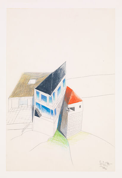 Second Design Concept After Visiting Site, September, 1986: Perspective, Daniel Wolf Residence, Ridgway, Colorado, Ettore Sottsass (Italian (born Austria), Innsbruck 1917–2007 Milan), Graphite, colored pencil, and wax crayon on paper 