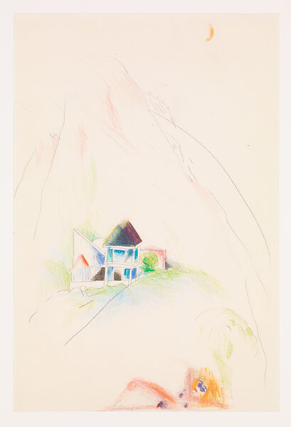 Second Design Concept After Visiting Site, September, 1986: Perspective, Daniel Wolf Residence, Ridgway, Colorado, Ettore Sottsass (Italian (born Austria), Innsbruck 1917–2007 Milan), Wax crayon, colored pencil, and graphite on paper 