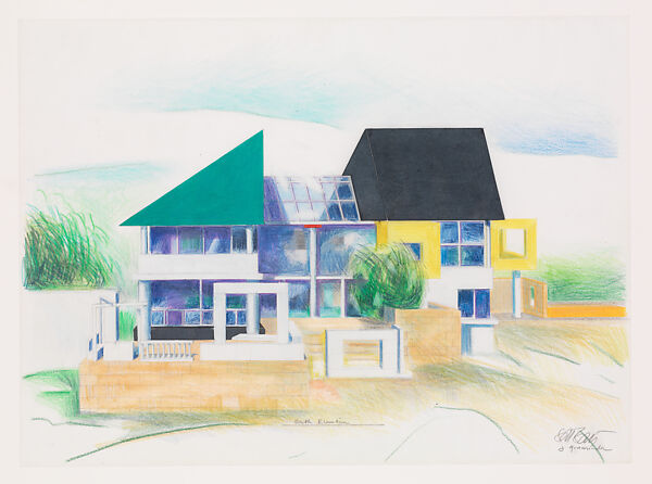 Executed Design, May 1988: South Perspective (under construction), Daniel Wolf Residence, Ridgway, Colorado, Ettore Sottsass (Italian (born Austria), Innsbruck 1917–2007 Milan), Graphite, colored pencil, and wax crayon on paper 