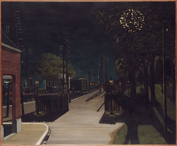 Small Train Station at Night, Paul Delvaux (Belgian, 1897–1994), Oil on canvas 