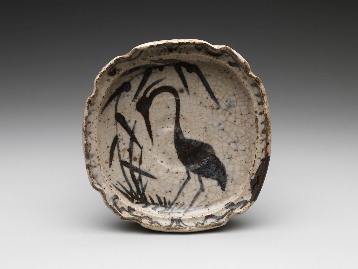 Bowl with Heron in Reeds, Stoneware with underglaze iron brown (Mino ware, Shino type), Japan 