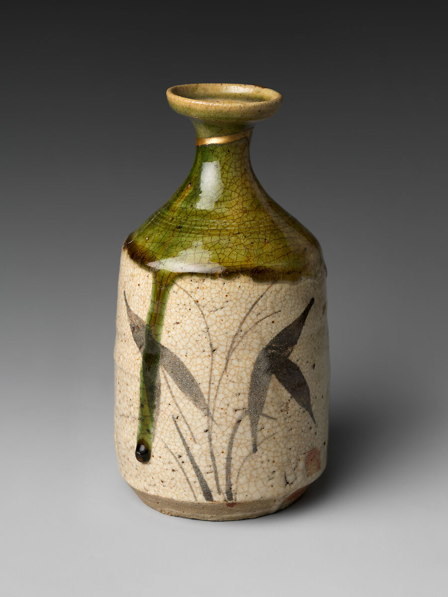 Sake Bottle with Decoration of Three-Leaf Arrowhead, Stoneware with underglaze iron, copper-green glaze, and incised decoration (Mino ware, Oribe type), Japan 