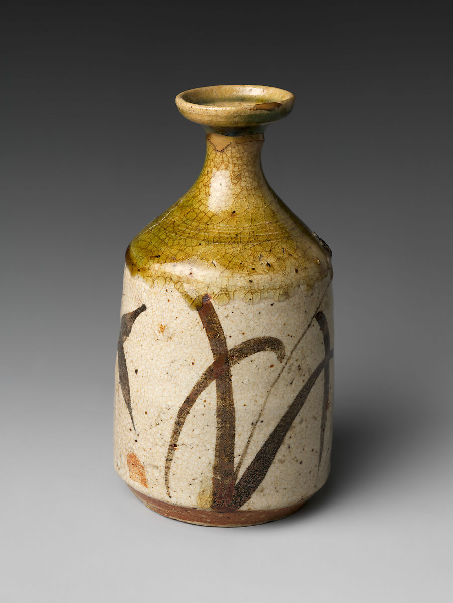 Sake Bottle (Tokkuri) with Decoration of Three-Leaf Arrowhead, Stoneware with underglaze iron, copper-green glaze, and incised decoration (Mino ware, Oribe type), Japan