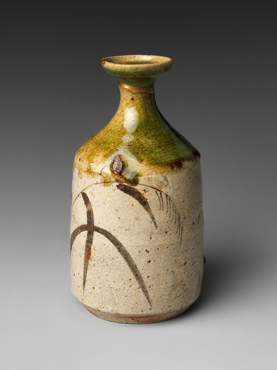 Sake Bottle (Tokkuri) with Decoration of Three-Leaf Arrowhead, Stoneware with underglaze iron, copper-green glaze, and incised decoration (Mino ware, Oribe type), Japan