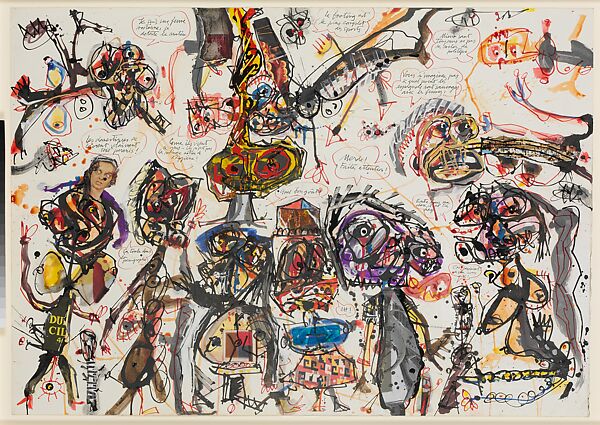 Cocktail Party, Antonio Saura (Spanish, Huesca 1930–1998 Cuenca), Ink marker, oil paint, cut-and-pasted printed paper, torn-and-pasted cardboard, cut-and-pasted canvas and plastic, and watercolor on paper 