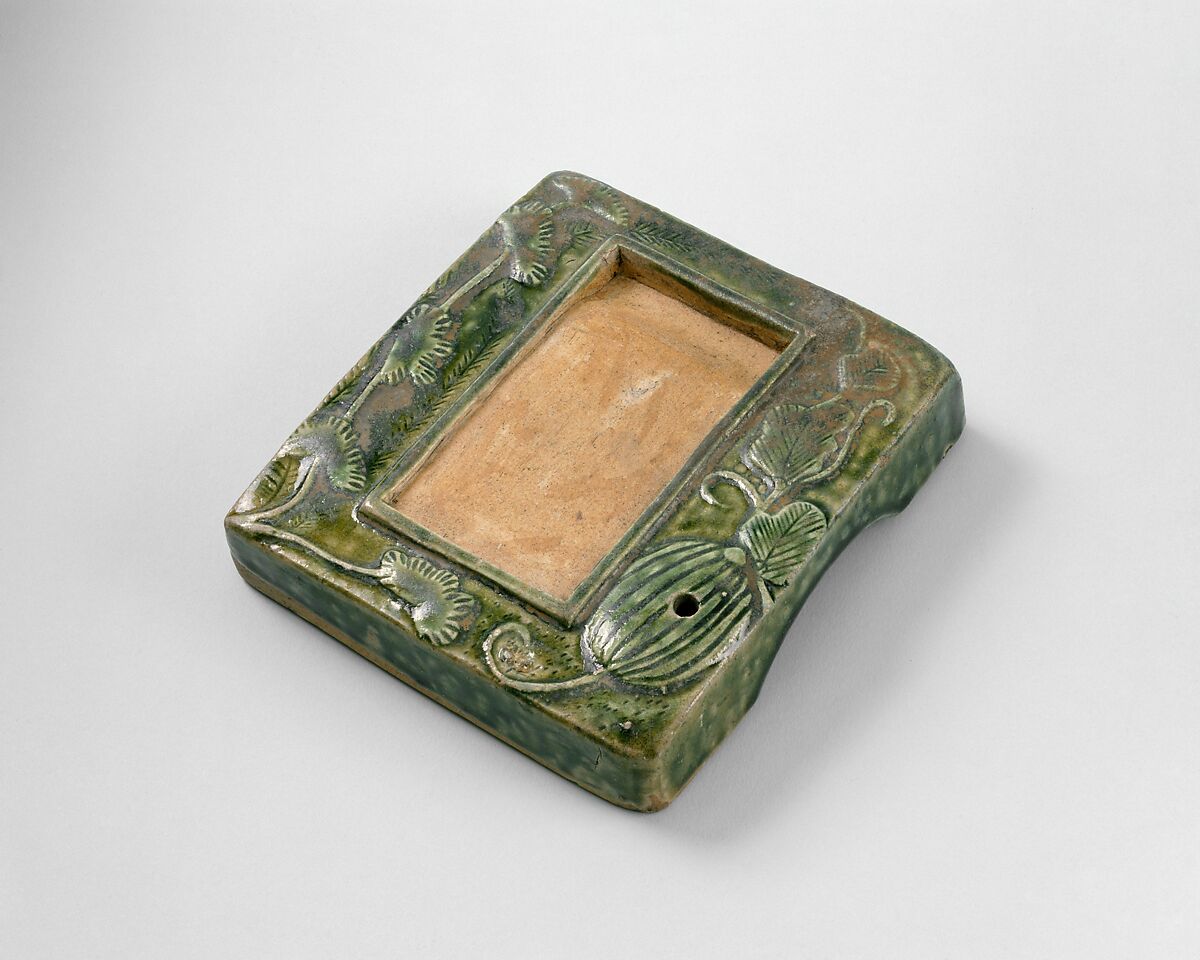 Inkstone (Suzuri) with Gourd Vine, Stoneware with copper-green glaze and molded design (Mino ware, Oribe type), Japan 