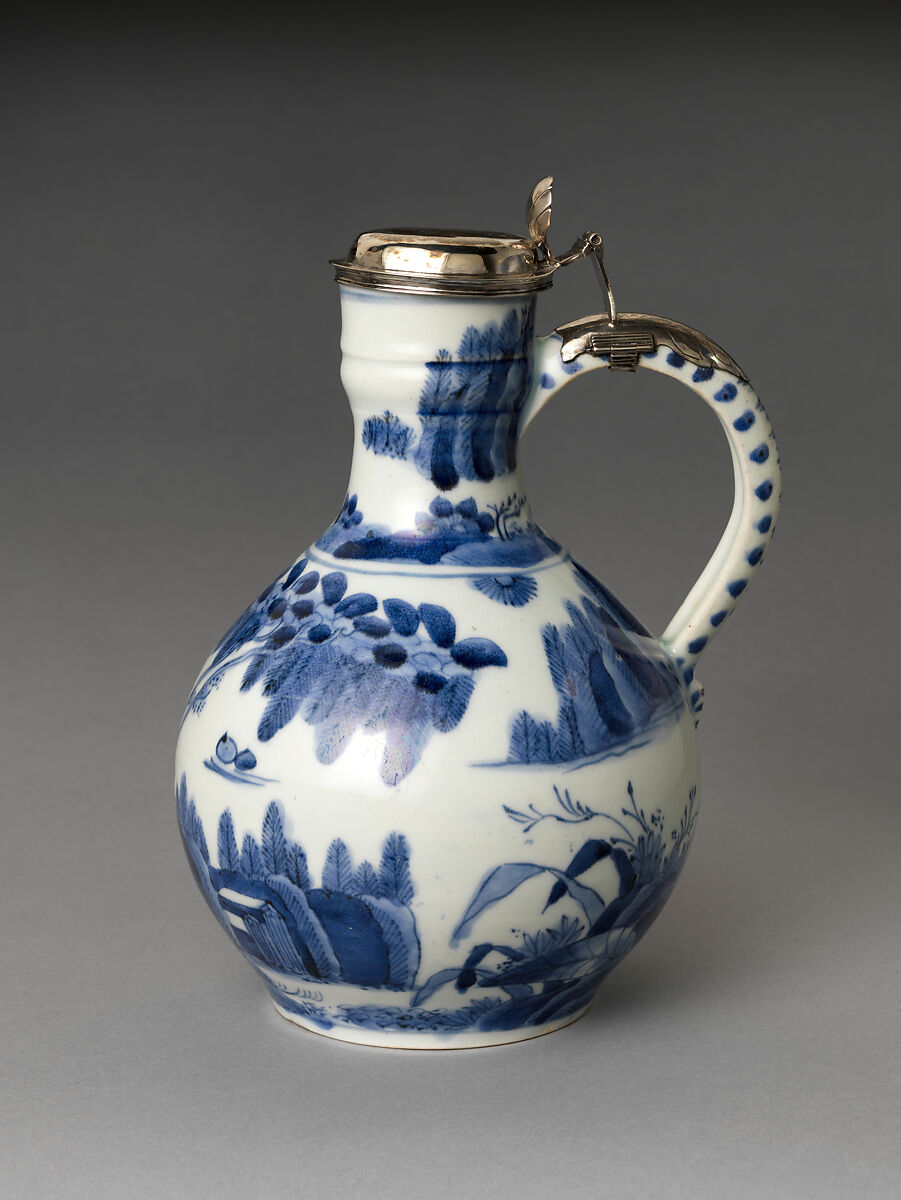 Ewer with Figures in Landscape, Silver mounts by Adrian Brandt (Delft, 1660), Porcelain painted with cobalt blue under transparent glaze (Hizen ware), Japan 