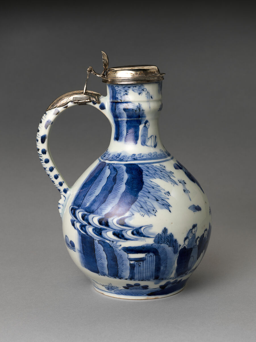 Ewer with Figures in Landscape, Silver mounts by Adrian Brandt (Delft, 1660), Porcelain painted with cobalt blue under transparent glaze (Hizen ware), Japan