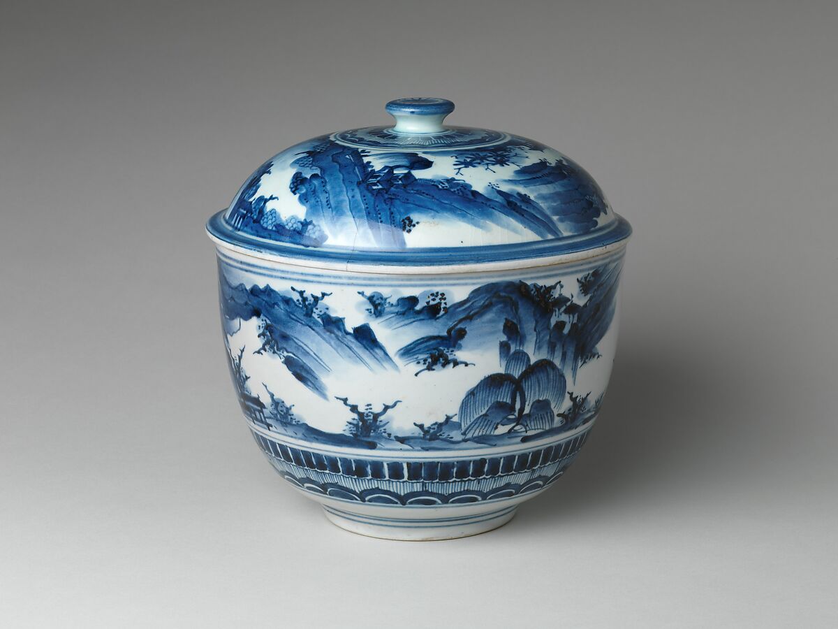 Tureen with Landscape, Porcelain painted with cobalt blue under transparent glaze (Hizen ware, Imari type), Japan