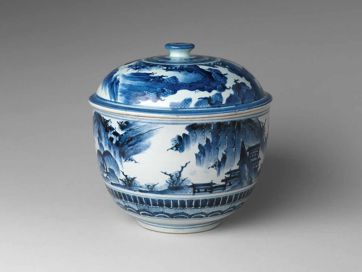 Tureen with Landscape, Porcelain painted with cobalt blue under transparent glaze (Hizen ware, Imari type), Japan