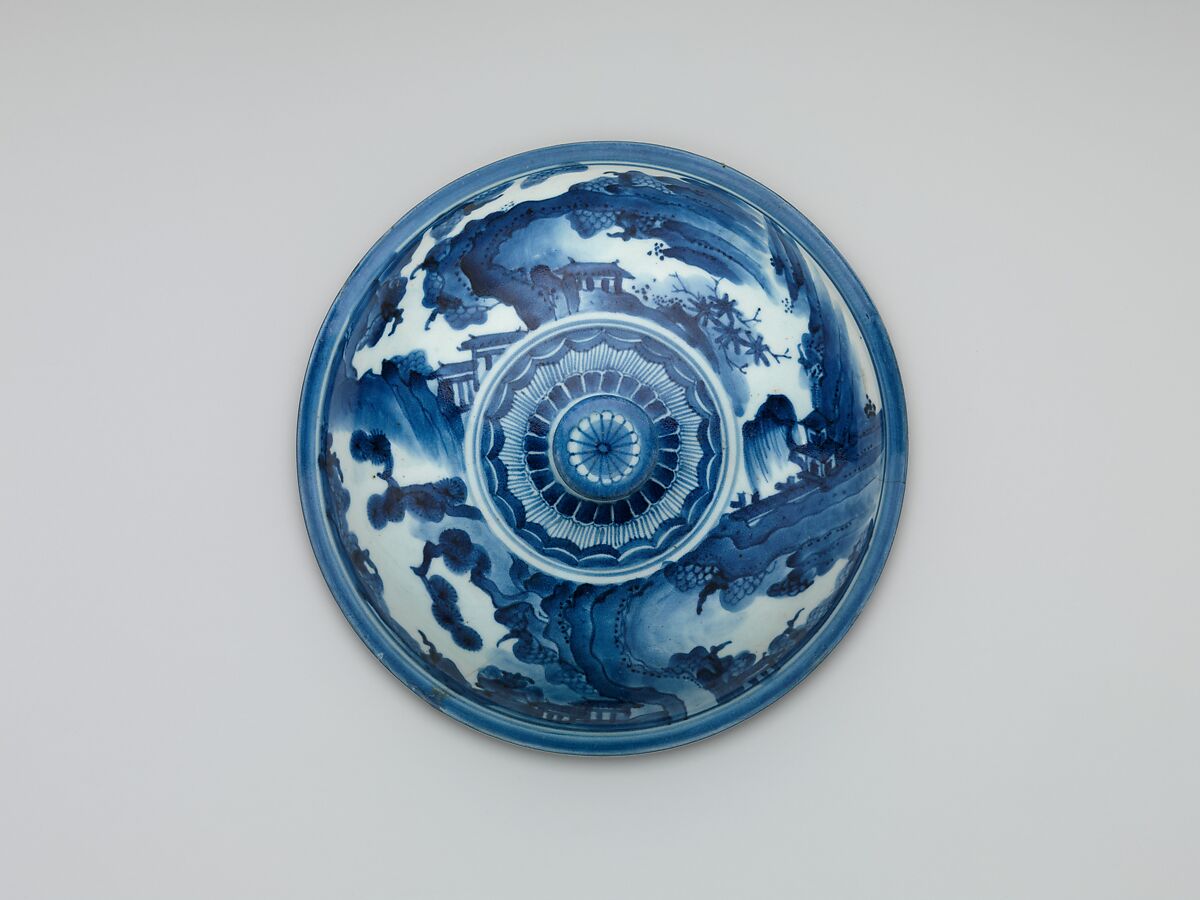 Tureen with Landscape, Porcelain painted with cobalt blue under transparent glaze (Hizen ware, Imari type), Japan