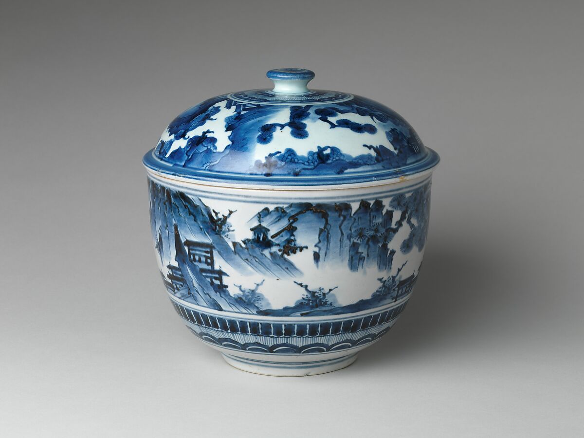 Tureen with Landscape, Porcelain painted with cobalt blue under transparent glaze (Hizen ware, Imari type), Japan