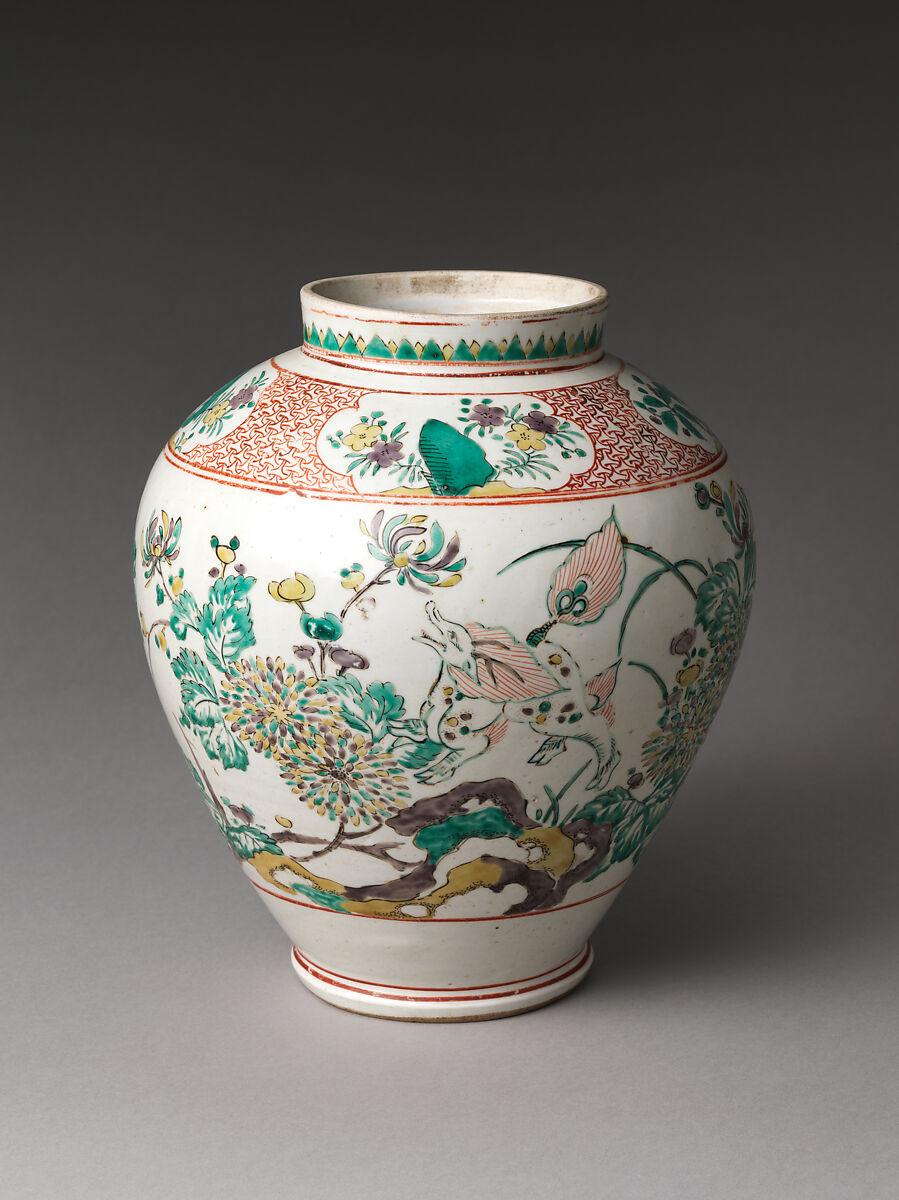 Jar with Mythical Qilin (Kirin) and Chrysanthemums, Stoneware painted with colored enamels over transparent glaze (Hizen ware), Japan 