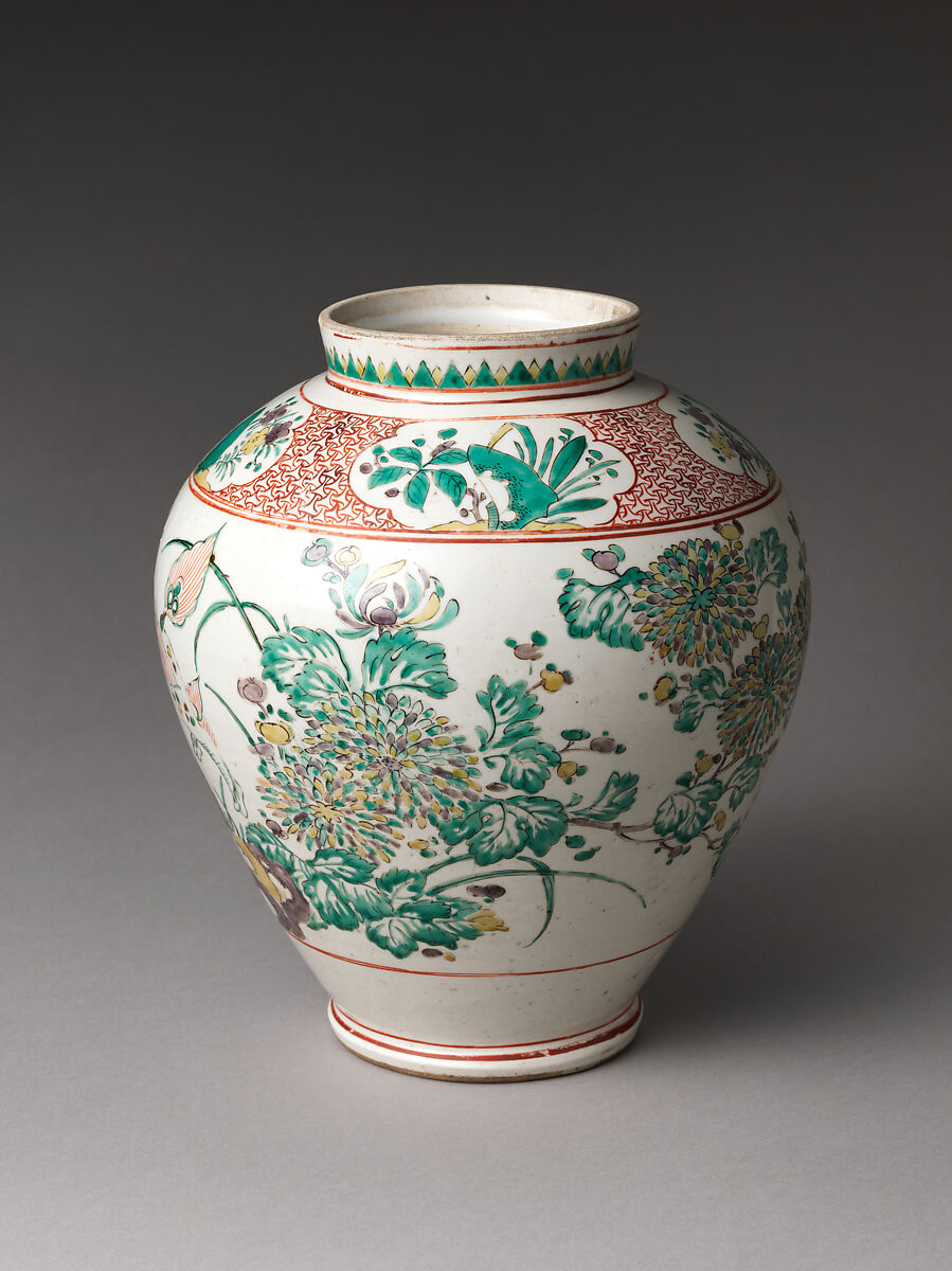Jar with Mythical Qilin (Kirin) and Chrysanthemums, Stoneware painted with colored enamels over transparent glaze (Hizen ware), Japan