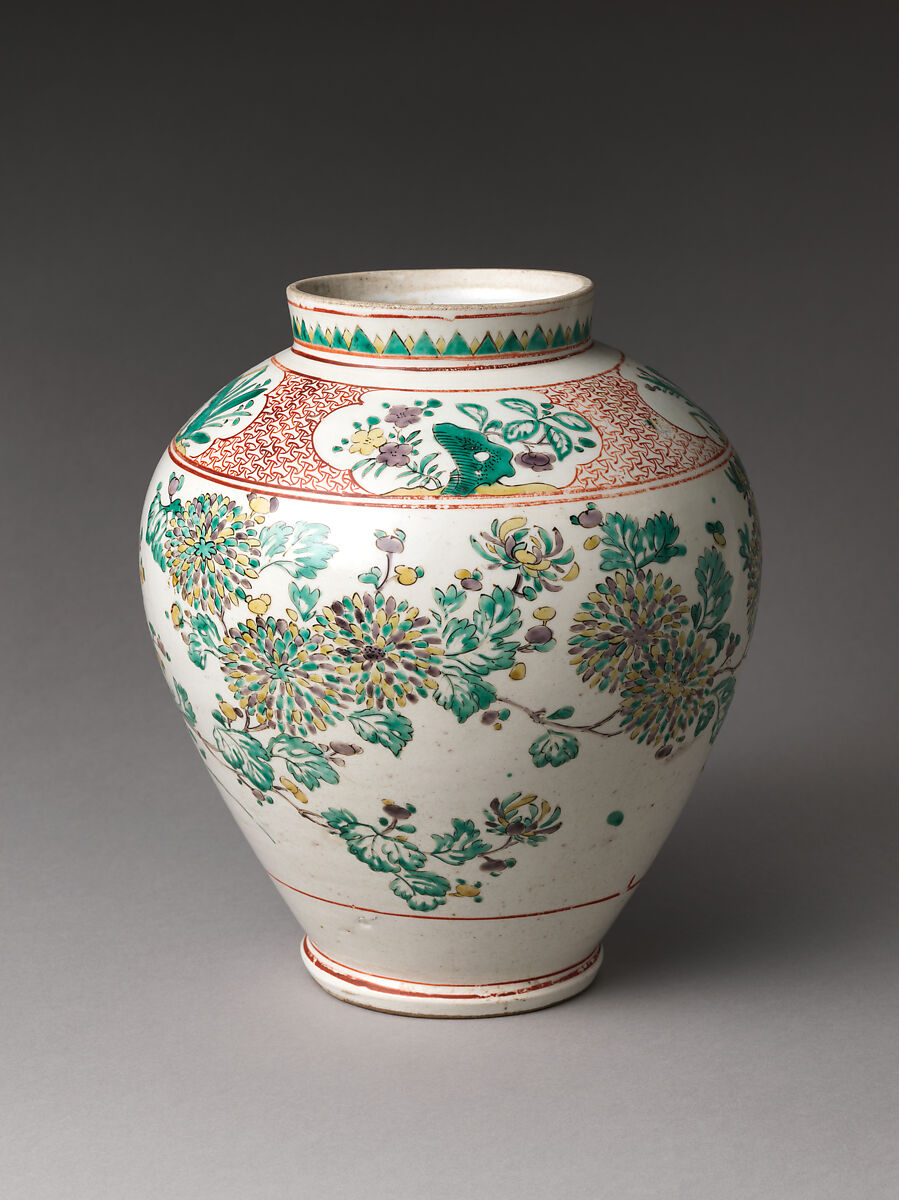 Jar with Mythical Qilin (Kirin) and Chrysanthemums, Stoneware painted with colored enamels over transparent glaze (Hizen ware), Japan