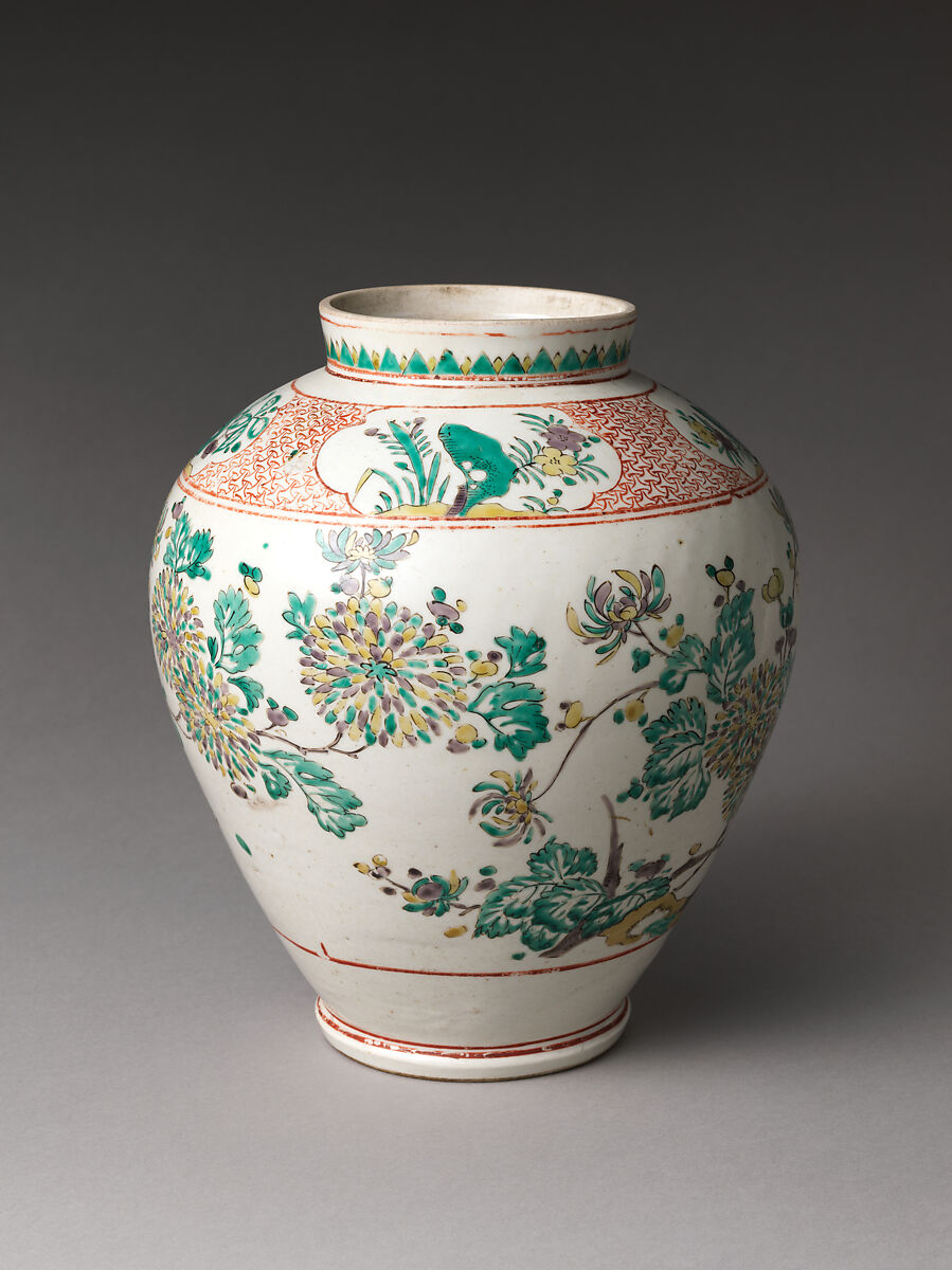 Jar with Mythical Qilin (Kirin) and Chrysanthemums, Stoneware painted with colored enamels over transparent glaze (Hizen ware), Japan